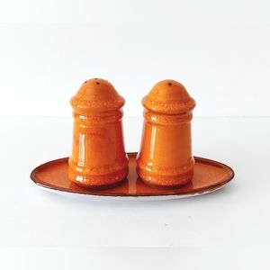 Set of salt and pepper shakers on a stoneware tray, pottery.
